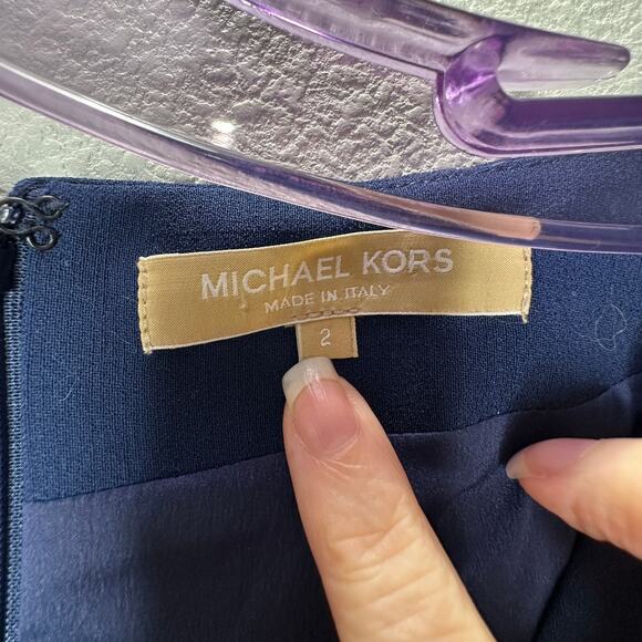 Michael Kors Navy Blue V-Neck Cap Sleeve Front Slilt Fitted Midi Dress 2 - Picture 8 of 14